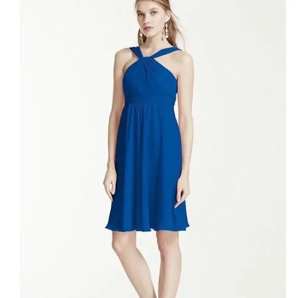 David's Bridal Halter Crinkle Chiffon Mini Dress Horizon Size 10 NWT